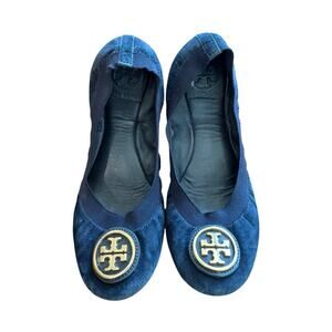 Tory Burch Women's Blue Suede Ballet Ballerina Flats Size 6.5M Holiday Party